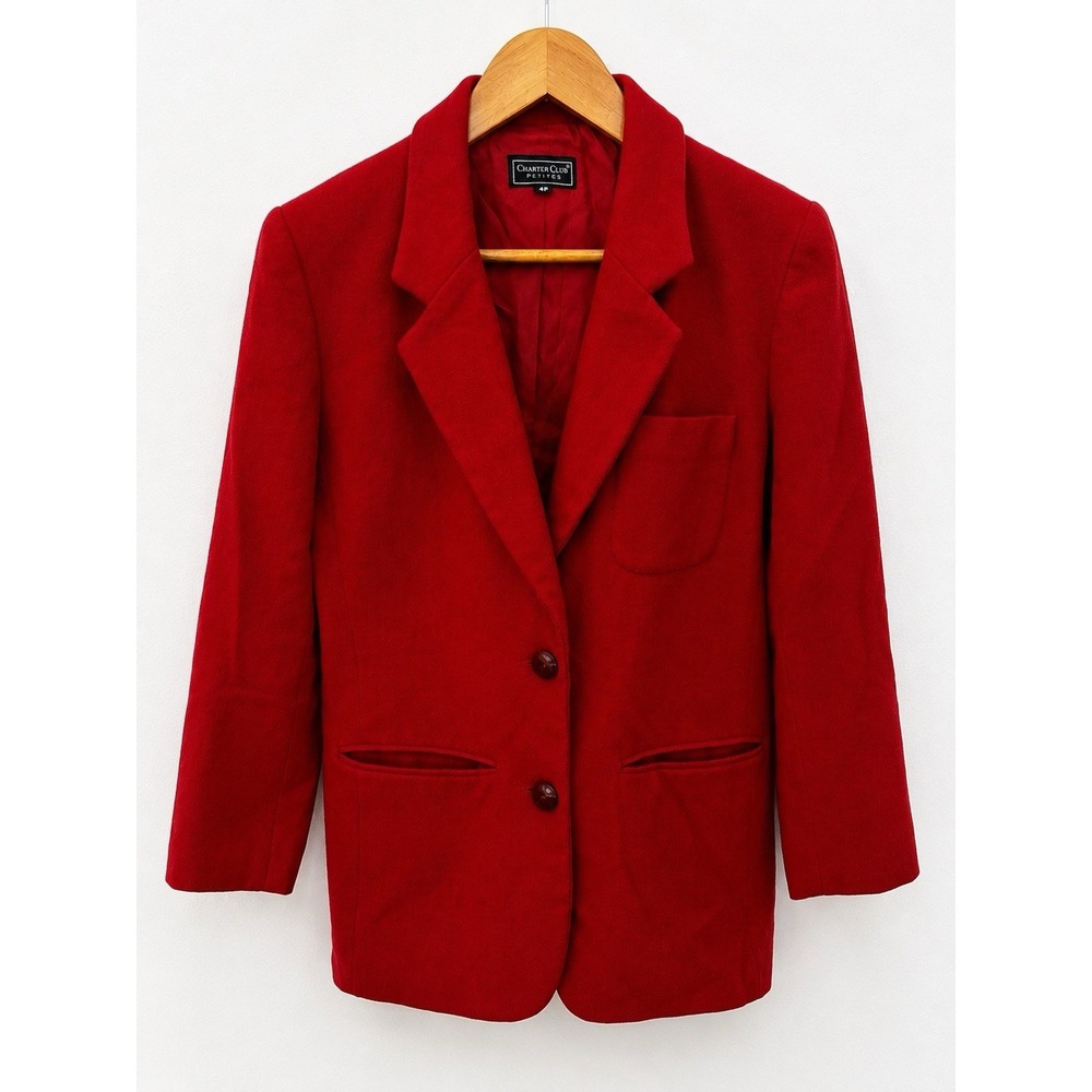 Vintage Charter Club Petites Red Wool Blazer Jacket Womens 4P Lined USA Made